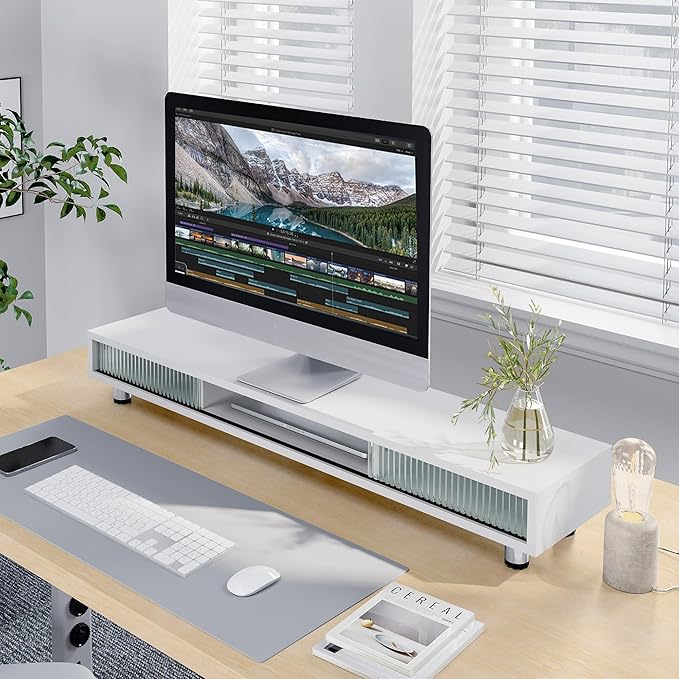 Fenge Dual Monitor Stand, 42.5inch Long Monitor Stands Riser for 2 Monitors, Sliding Door with Storage Organizer Stand for Desk, 2 Tier Desk Shelf for Laptop, Pc, Printer, Computer, TV-DeskLoop Office