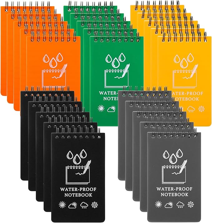 50 Pcs Waterproof Notebook Bulk, 5 x 3 Inch Pocket Notepad Top Spiral Memo All Weather Police Notebook Tactical Journal Writing Note Pad for Outdoor Activities Recording, Black Gray Blue Yellow Orange-DeskLoop Office