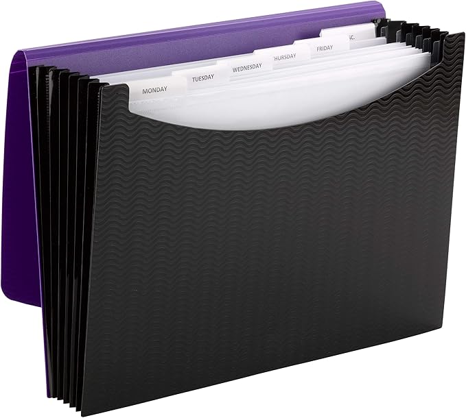 Smead Poly Expanding File, 6 Dividers, Flap and Cord Closure, Letter Size, Wave Pattern Purple/Black (70882)-DeskLoop Office