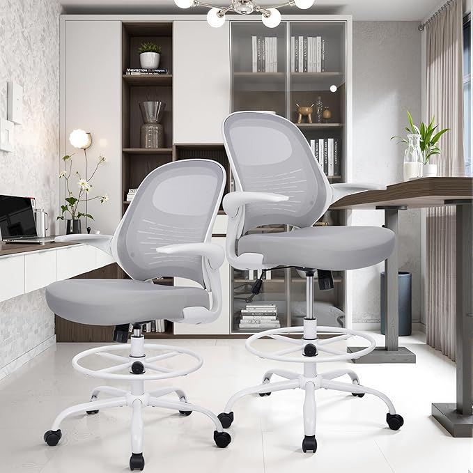 HYLONE Tall Drafting Chair Standing Desk Chair with Flip-Up Armrests, Adjustable Height Ergonomic Office Chair with Footrest Ring - High Stool Chair for Standing Desk (Light Grey)-DeskLoop Office