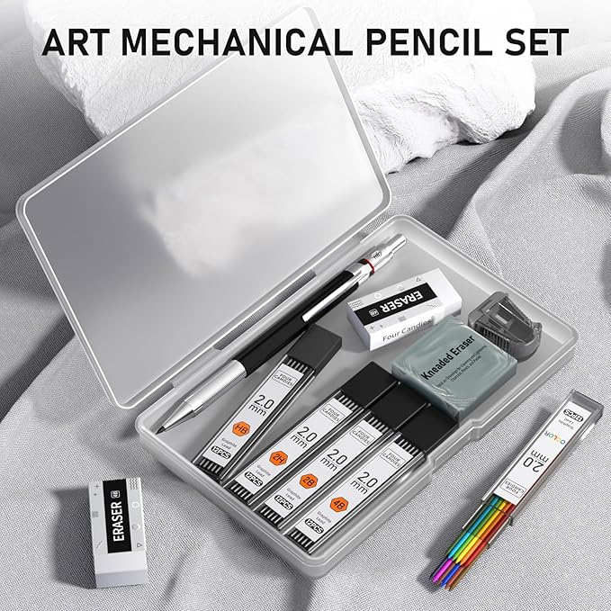 Four Candies 2MM Mechanical Pencil Set with case, Artist Led Pencil Metal Lead Holder with 60PCS Graphite Lead Refill (HB, 2H, 2B, 4B, Color) Kneaded Eraser, Sharpener for Writing, Drawing, Sketching-DeskLoop Office