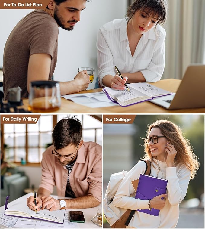 Purple A5 Lined Leather Journal Notebook for Men Women,5.9" X 8.4" Personalized Hardcover Journal with Pen,200 Pages 100 Gsm Thick Ruled Paper Daily Diary for Travel,Business,Work,Writing-DeskLoop Office