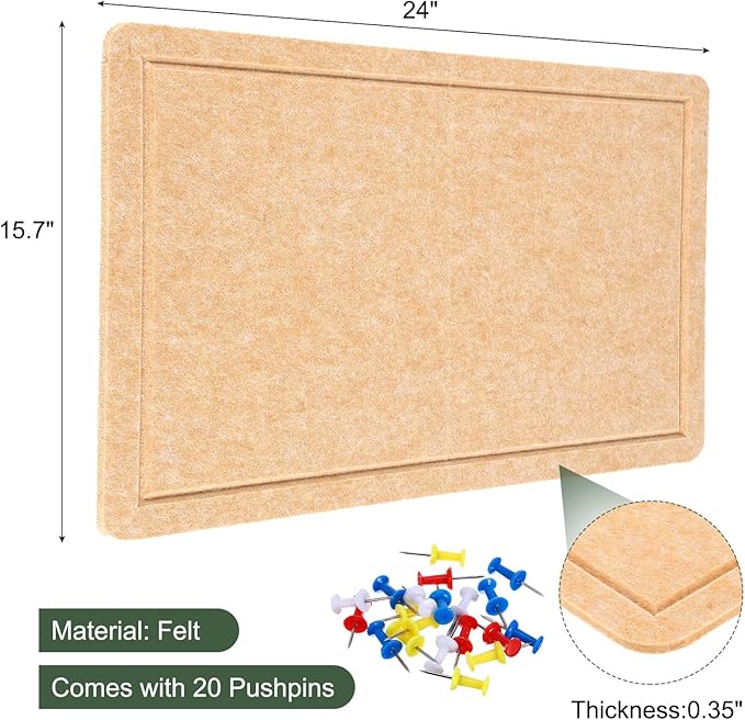 YOKIVE Felt Bulletin Board, 24 x 15.7 -Inch Foldable Decorative Pin Board Self Adhesive Felt Cork Board with 20 Pushpins, Great for Wall, Photo Display, Paste Note, Schedule(Beige Brown)-DeskLoop Office