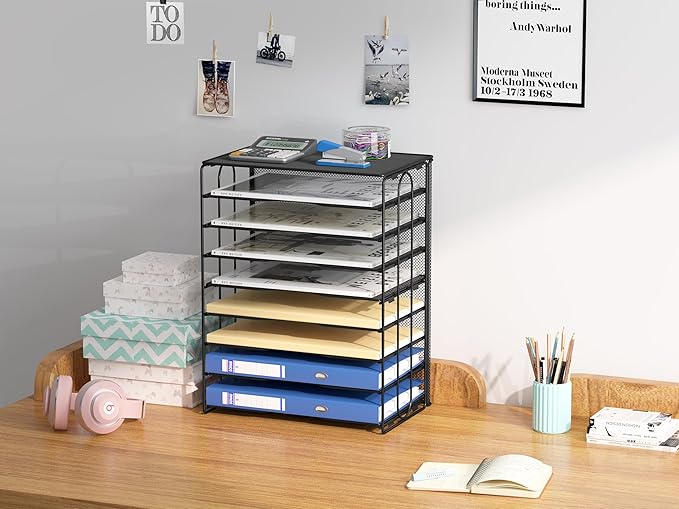 EasyPAG Mesh Desk Tray Organizer 8 Slot Classroom Office Desktop File Paper Sorter, Black-DeskLoop Office