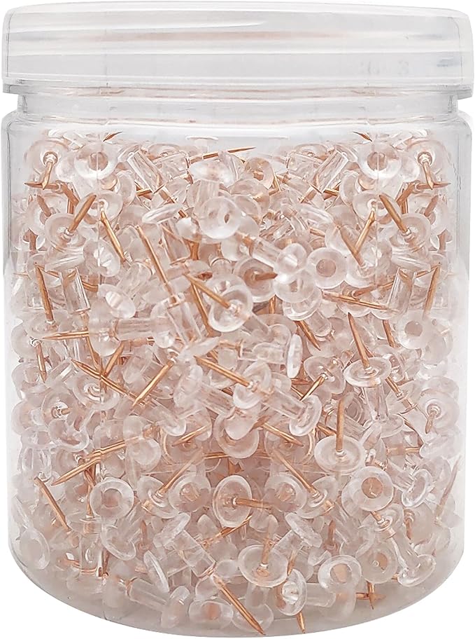 Clear Push Pins 600pcs Standard Thumb Tacks with Rose Gold Steel Point Transparent Plastic Head Pins for Hanging Photo Posters Craft Marking Map Wall Cork Board-DeskLoop Office