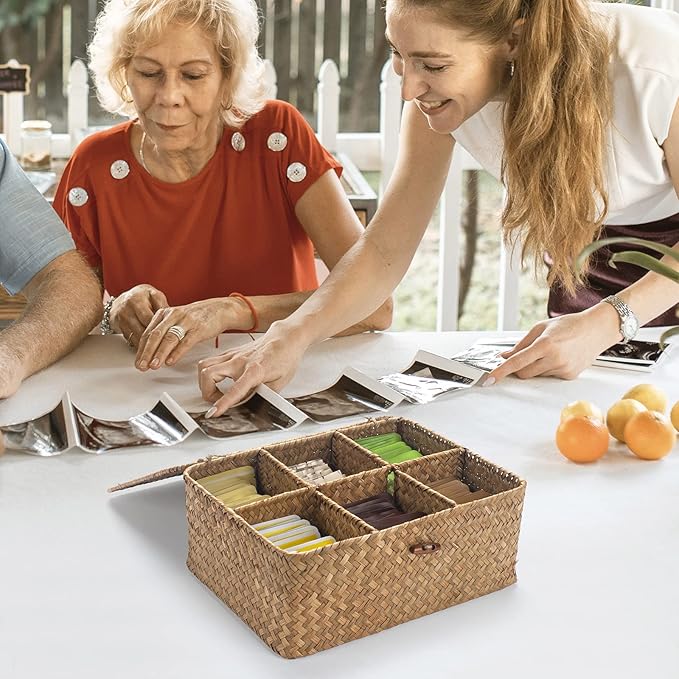 Tea Bag/Sugar Packet Holder, Coffee Station Condiment Organizer, Seagrass Storage Basket, Wicker Rattan Divided Basket Organizer for Drawer/Shelf/Countertop-DeskLoop Office