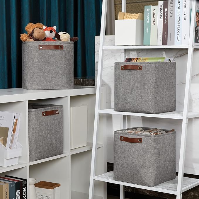DULLEMELO Square Storage Cubes Baskets for Gifts Empty, 11 inch Cube Stroage Bins Linen Closet Organizers and Storage Baskets for Toy Nursery Shelves Bedroom Storage(4 Pack - 11" Grey)-DeskLoop Office