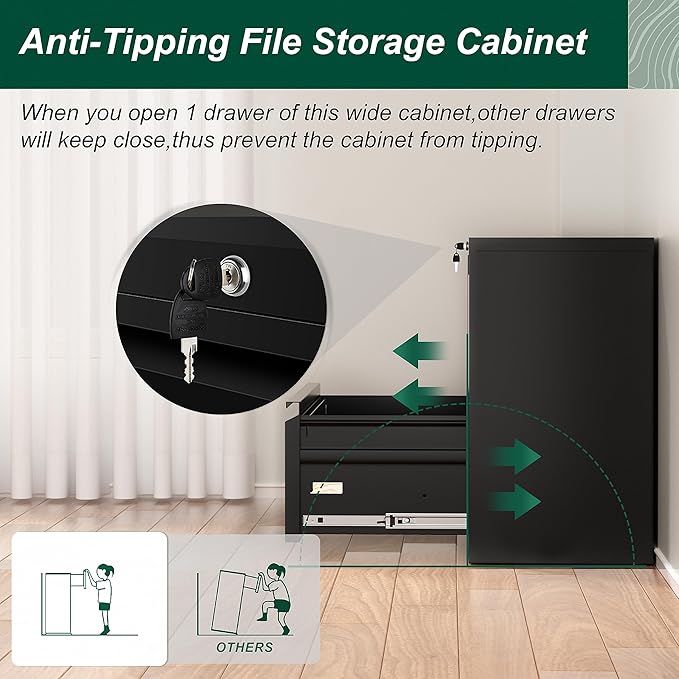 Superday Metal Lateral File Cabinet with Lock, 2 Drawer File Cabinet, Black Filing Cabinets with Lock, Filing Cabinets for Home Office/Legal/Letter/A4, Home Office Furniture for Hanging File