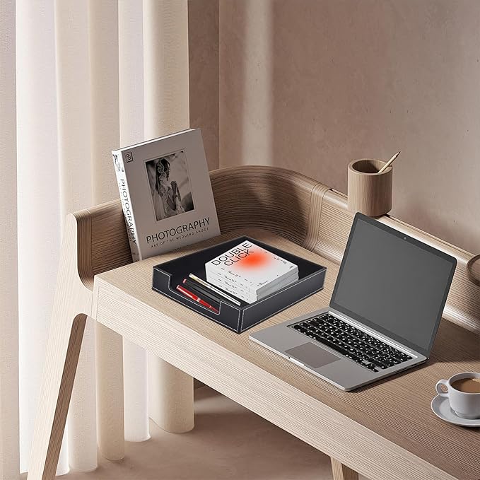 Leather Letter Tray, Office Supplies Desk Organizer for Mail Paper Files Magazines Jewelry Cosmetics,Luxury Letter Holder&Multipurpos Stackable Office Desktop Storage Box,Black-DeskLoop Office