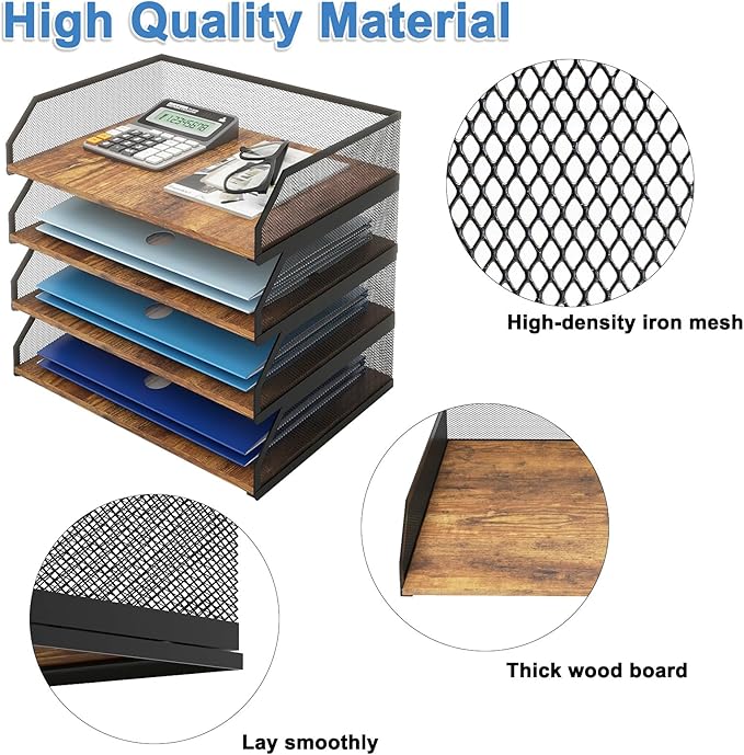 Natwind 4-Tier Stackable Paper Tray, Metal Mesh Desktop Organizer, Paper Sorter, Letter Trays,File Document Storage Rack for for Home, Office, School (Retro)-DeskLoop Office