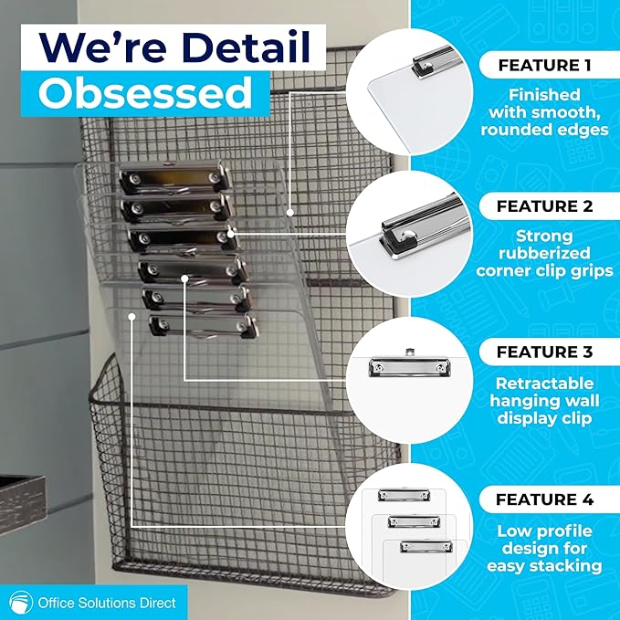 Plastic Clipboards (Set of 6) Transparent Clipboard (Clear) Strong 12.5 x 9 Inch | Holds 100 Sheets! Acrylic Clipboards with Low Profile Clip | Bulk Back to School Supplies for Teachers-DeskLoop Office