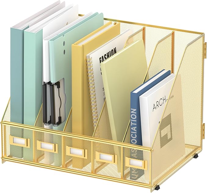 SUPEASY Desk Organizers Metal Desk Magazine File Holder with 5 Vertical Compartments Rack File Organizer for Office Desktop, Home Workspace, Gold-DeskLoop Office