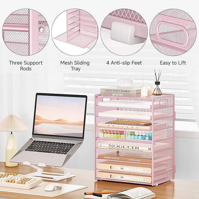 Subekyu 9 Tier Paper Letter File Tray Organizer for Desk, Pink Large Mesh Desk Folder Sorter Organizer with Handle, Include 6 Pcs Adjustable Height Slid Tray for Office Home School Supplies Storage-DeskLoop Office