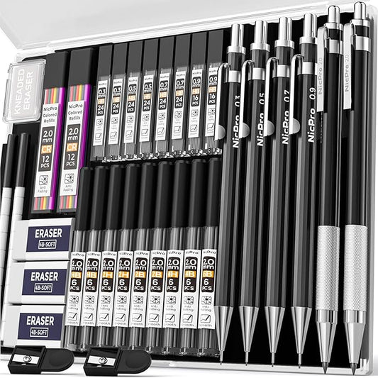 Nicpro 34PCS Black Art Mechanical Pencils Set, Metal Drafting Pencil 0.3, 0.5, 0.7, 0.9 mm & 2PCS 2mm Lead Holder (6B 4B 2B HB 2H 4H Colors) For Sketching Drawing With 19 Tube Lead Refills Case-DeskLoop Office
