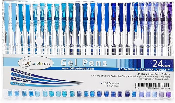 OfficeGoods Blue Gel Pens with Refills – Colored Adults Coloring Art – Medium 0.8-1.0mm Tips – Non-Toxic Gel Pens Set – Quick Dry Smudge-Free 24 Pack Colors-DeskLoop Office
