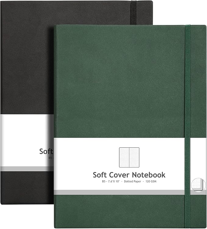 AHGXG Bullet Dotted Journal 2 Pack - B5 Large Journal Dot Grid Notebook (7.6'' X 10'') with Thick 120gsm Dot Paper, Soft Leather Cover, Total 384 Pages, Inner Pocket - BlackGreen-DeskLoop Office