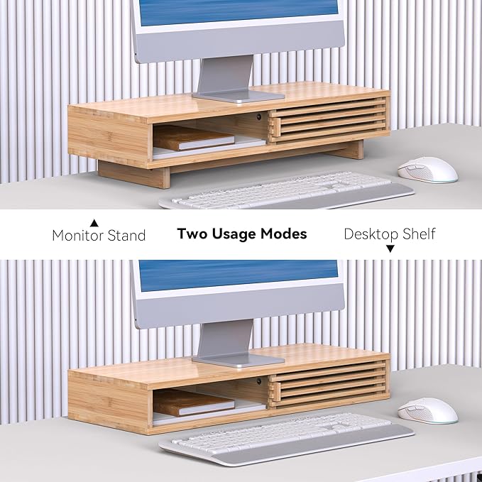 Monitor Stand Riser with Sliding Door, Computer Laptop Stand Desk Shelf Organizer with Storage (Natural Bamboo, 25 Inch)-DeskLoop Office
