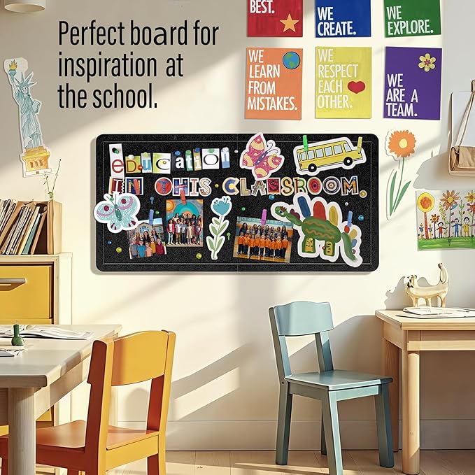 Large Bulletin Board 36 x 18 Inches - Foldable Felt Bulletin Board for Wall, Cork Board Alternative with 50 Color Pins & 6 Note Pads, Vision Board - Black-DeskLoop Office