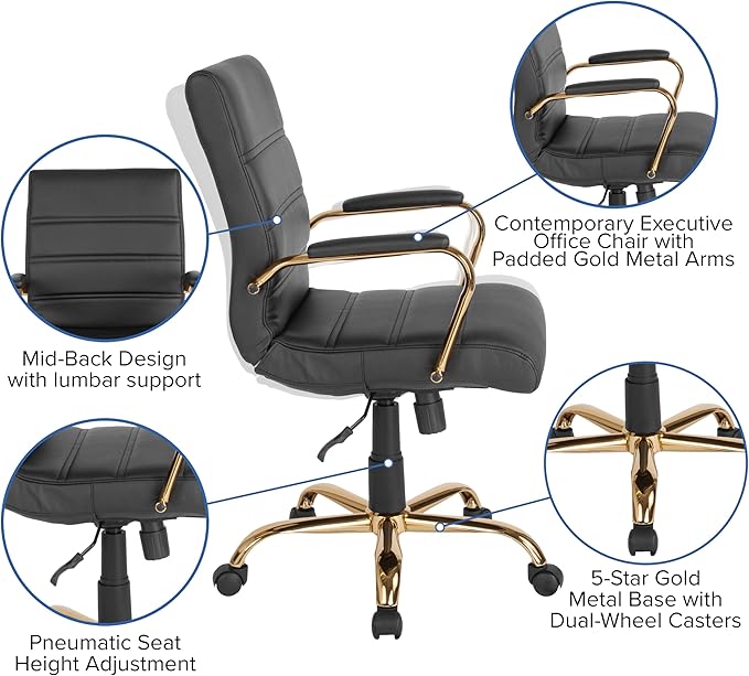 Flash Furniture Whitney Mid-Back Swivel LeatherSoft Desk Chair with Wheels, Padded Seat and Armrests, Adjustable Height Padded Office Chair, Black-DeskLoop Office