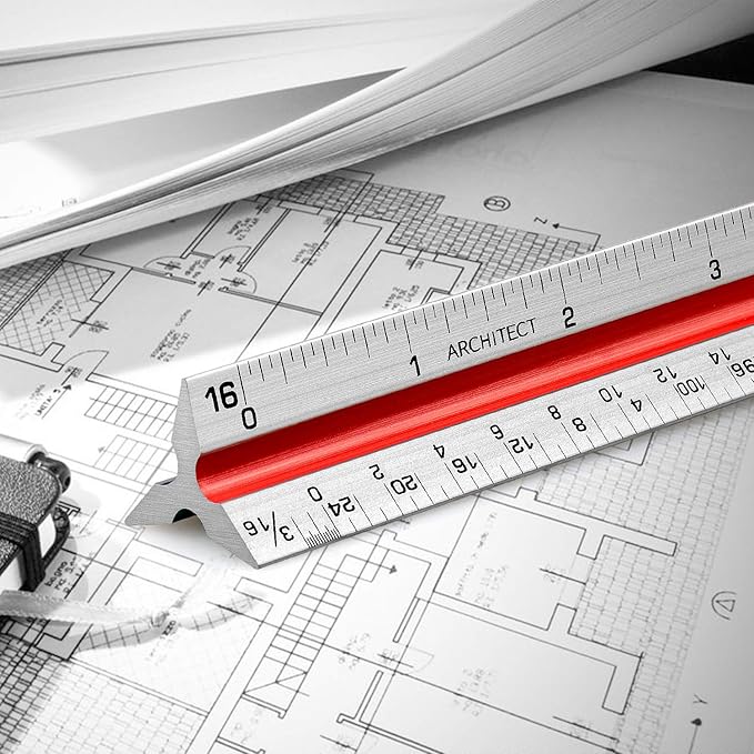 12" Architectural Scale Ruler Aluminum Architect Scale Triangular Scale Ruler for Architects, Draftsman, Students and Engineers, Color-Coded (1 Pack)-DeskLoop Office