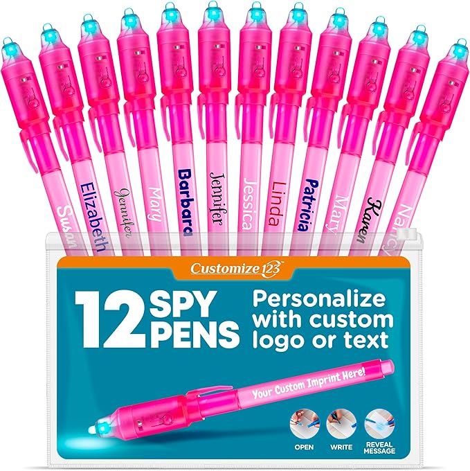 Personalized Invisible Disappearing Ink Pen Marker, Custom Secret Spy Message Writer with UV Light, Fun Activity Entertainment for Kid Party Favors Ideas Gifts and Stock Stuffers, 12 Pack, Pink-DeskLoop Office