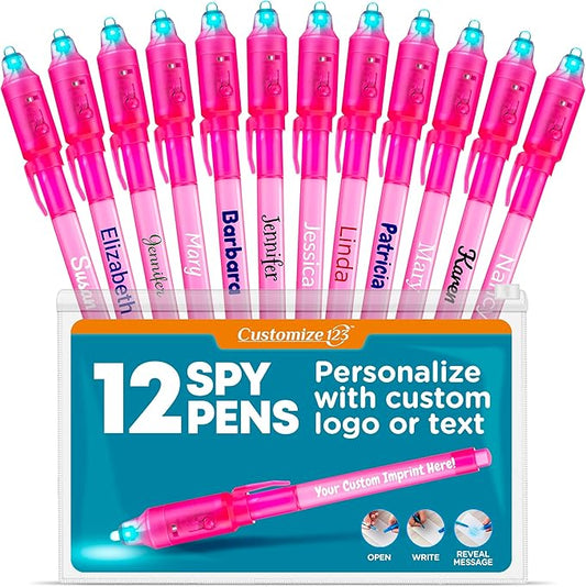 Personalized Invisible Disappearing Ink Pen Marker, Custom Secret Spy Message Writer with UV Light, Fun Activity Entertainment for Kid Party Favors Ideas Gifts and Stock Stuffers, 12 Pack, Pink-DeskLoop Office