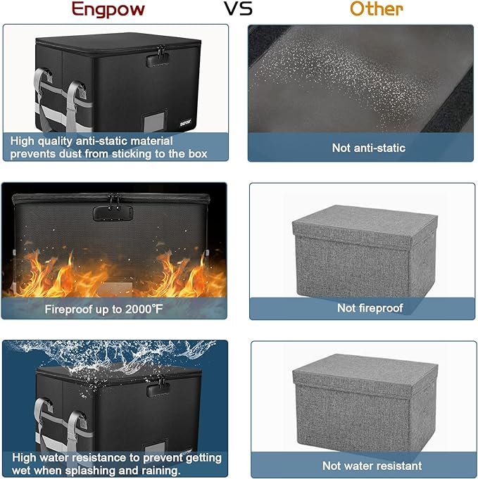 ENGPOW File Box with Lock,Fireproof Document Box with Zipper&Pockets,Collapsible File Organizer Filing Storage Cabinet with Handle,Portable Home Office Safe for Hanging Letter/Legal Folder,Black-DeskLoop Office