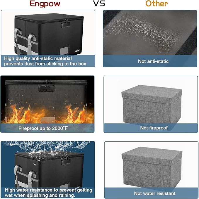 ENGPOW File Box with Lock, Fireproof Document Box with Pockets, Collapsible File Organizer Filing Storage Cabinet with Handle, Portable Home Office Safe for Hanging Letter/Legal Folders,Black,2 Pack-DeskLoop Office