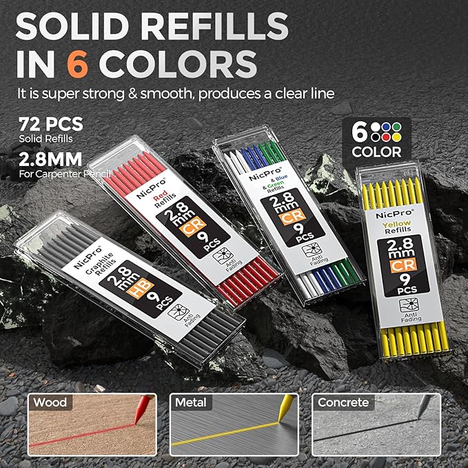 Nicpro 6 Pack CP3000 Carpenter Pencil with Sharpener, Mechanical Pencils Set with 78 Refill, Heavy Duty Construction Pencil, Carpenter Tools for Architect Marking (Red,Black,Yellow,Orange,Green,Blue)-DeskLoop Office