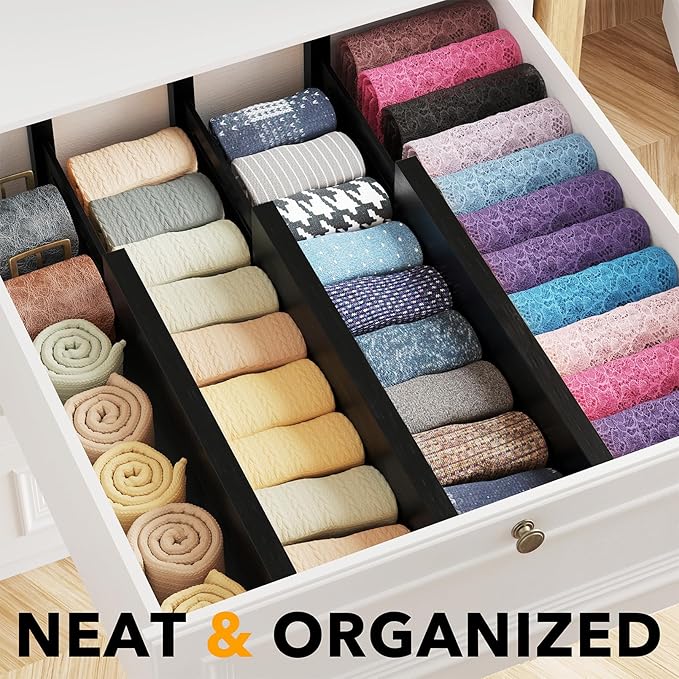 SpaceAid Bamboo Dresser Drawer Dividers 6 Pack, 4.65“ High Adjustable 12.5“-17” Drawer Organizers, Expandable Organization for Clothing, Clothes, Dressers, Black-DeskLoop Office