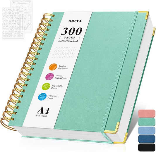Bullet Dotted Journal Spiral Notebook, 300 Pages Leather Notebooks with Contens, 120 GSM Thick No Bleed Through Paper Journals, A4 Large Dot Grid Notebook for Women Men Work Writing, 8.5" x 11", Green-DeskLoop Office