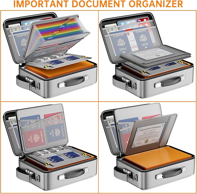 DocSafe Fireproof Document Box with Lock, Hard Case File Organizer with Accordion File Folder, Fireproof Water Resistant Safe Box Home Office Travel Storage for Important Documents Laptop Silver-DeskLoop Office