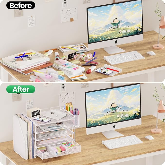 Desk Organizers and Accessories, 5-Tier Paper File Organizer with Drawer & Pen Holder, Office Desk Accessories Workspace Desktop Organizer for Office Supplies (White)-DeskLoop Office