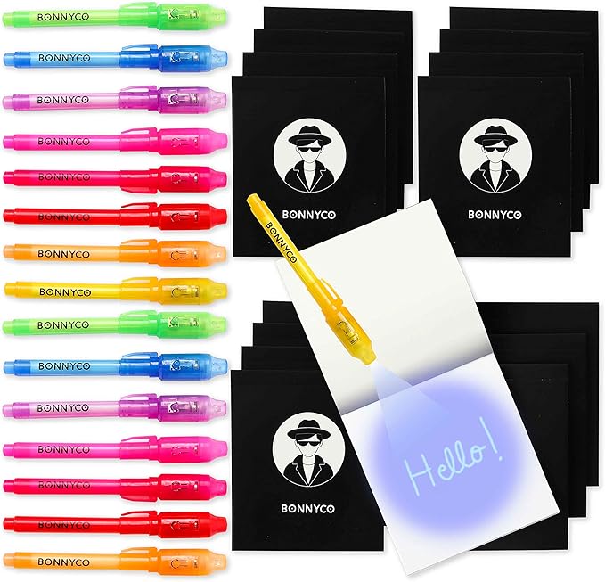 BONNYCO Invisible Ink Pen and Notebook, Pack of 16 Party Favors for Kids Birthday | Spy Pen Party Supplies, Pinata Stuffers, Prizes for Kids | Magic Pen Birthday Party Favors, Prizes for Students-DeskLoop Office