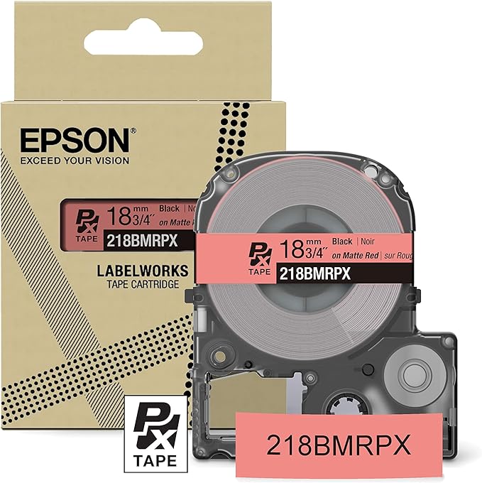 Epson LABELWORKS 218BMRPX Genuine PET (Polyester) Tape Cartridge - Black on Matte Red Designer Craft Label Maker Tape - 3/4" (18MM) Wide, 26'-DeskLoop Office