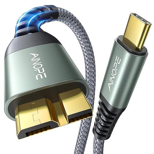 AINOPE External Hard Drive Cord 10Gbps Micro B to USB C External Hard Drive USB C to Micro B Cable Nylon Braided for MacBook Air/Pro, Seagate, WD Toshiba, SSD, iPhone, iPad, Camera, 1.6FT, Grey-DeskLoop Office