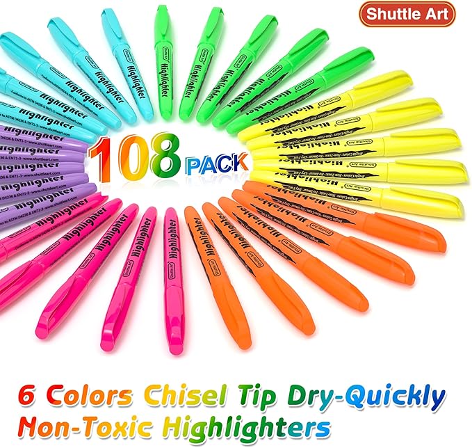 Shuttle Art 108 Pack Highlighters, Highlighters Assorted Colors Set, 6 Bright Colors Chisel Tip Dry-Quickly Non-Toxic Highlighter Markers Bulk for Adults Kids Highlighting in Home School Office-DeskLoop Office