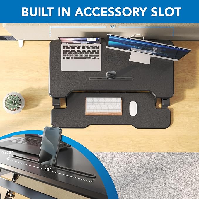 Mount-It! Height Adjustable Standing Desk Converter, 38” Wide, Stand Up Desk Riser for 2 Monitors, Manual Gas Spring Desktop Raises to 16.9", Fits Two Monitor Screens with Keyboard Mouse Tray in Black-DeskLoop Office