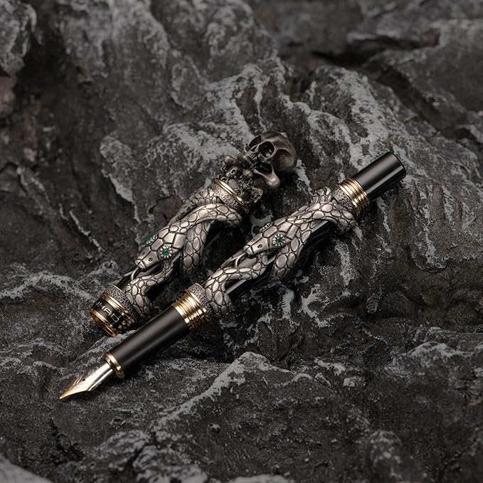 Jinhao Black Snake Fountain Pen Extra Fine Nib Retro Style with Skull Head Solid Metal and Paper Pen Case Set-DeskLoop Office