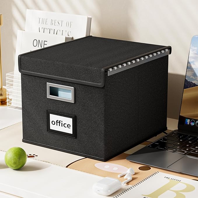 Huolewa File Organizer Boxes with Lids, Collapsible Linen Hanging Filing & Storage Boxes with Plastic Slide for Office/Decor/Home, Filling System for File/Folders/Document Storage -2 Pack-DeskLoop Office