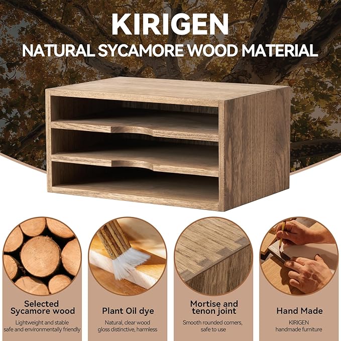 KIRIGEN Wooden Desktop Organizer Paper Storage Letter Tray File Sorter - Desk Rack Magazine File Dividers Holders for Home Office Accessories with 3 Layer Trays Dark Brown (3KWJG-DBR)-DeskLoop Office