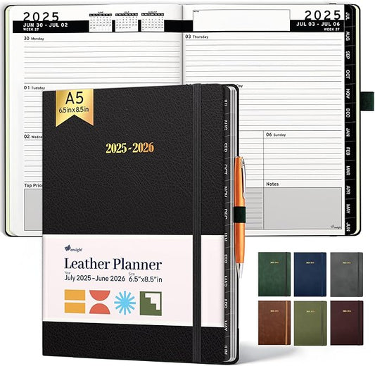 Ensight 2025-2026 HARDCOVER Leather Planner Weekly & Monthly - 6.5x8.5 Inches - Academic Planner Business Personal or Student - Pen Holder, Thick Paper, July 2025 - June 2026 (Black)-DeskLoop Office
