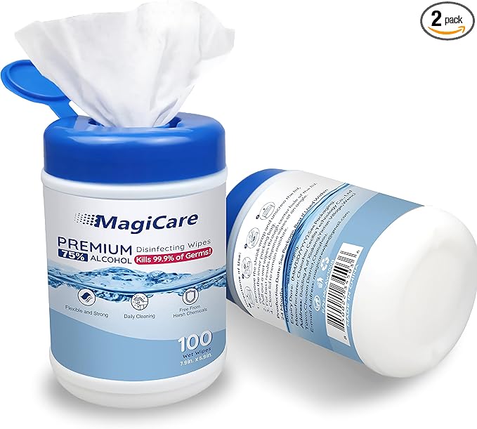 MagiCare 75% Large Alcohol Wipes (2 Canisters) - Hand Sanitizing Wipes - Hand Sanitizer Wipe, Unscented, Premium - Home, Classroom, Camping - 2, 100ct Canisters (200pcs)-DeskLoop Office