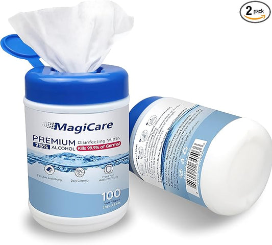 MagiCare 75% Large Alcohol Wipes (2 Canisters) - Hand Sanitizing Wipes - Hand Sanitizer Wipe, Unscented, Premium - Home, Classroom, Camping - 2, 100ct Canisters (200pcs)-DeskLoop Office