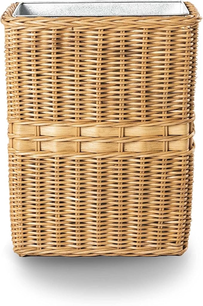 The Basket Lady Large Rectangular Wicker Waste Basket with Metal Liner, 14.5 in L x 9 in W x 18 in H, Sandstone-DeskLoop Office