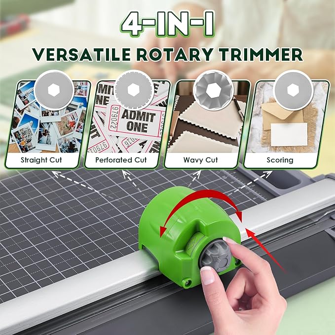 CGOLDENWALL 4-in-1 A4 Rotary Paper Cutter with 4 Blades, for Craft DIY, 12 Sheets, Straight/Perforated/Wavy/Creasing Line, 12.6" Cutting Length, for Photos Tickets Invitations Cards-DeskLoop Office