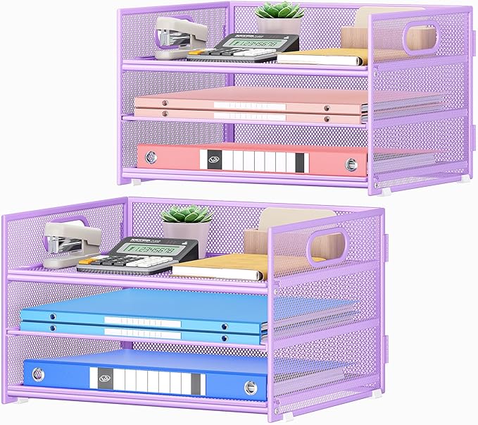 Subekyu 2-Pack 3-Tier Purple Metal Mesh Desk Paper Letter Tray & File Sorter Organizer with Handle + 1 Sliding Tray for Desk, Home, Office, School Supplies, A4 Paper and Accessories Storage-DeskLoop Office