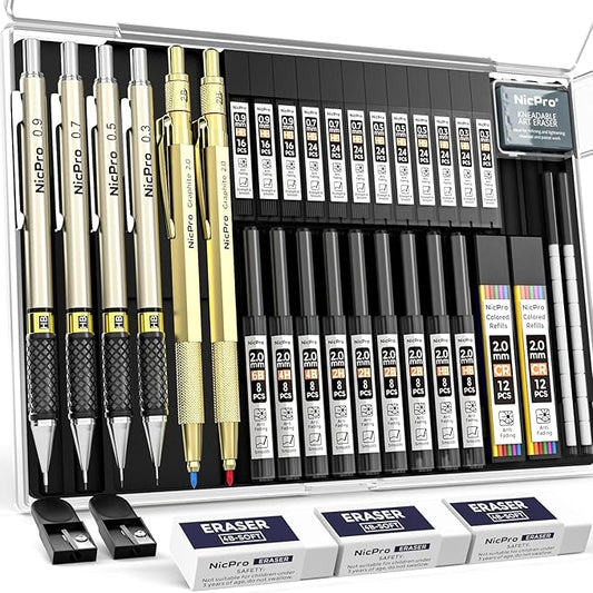 Nicpro 37PCS Gold Art Mechanical Pencil Set, 4PCS Metal Drafting Pencil 0.3/0.5/0.7/0.9 mm & 2PCS 2mm Lead Holder (6B 4B 2B HB 2H 4H) School Supplies for Sketching Drawing with 23 Tube Lead Refills-DeskLoop Office