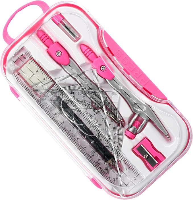 Math Geometry Kit Sets 10 Piece Student Supplies with Shatterproof Storage Box,Includes Rulers,Protractor,Compass,Eraser,Pencil Sharpener,Lead Refills,Pencil,for Drafting and Drawings(Pink)-DeskLoop Office