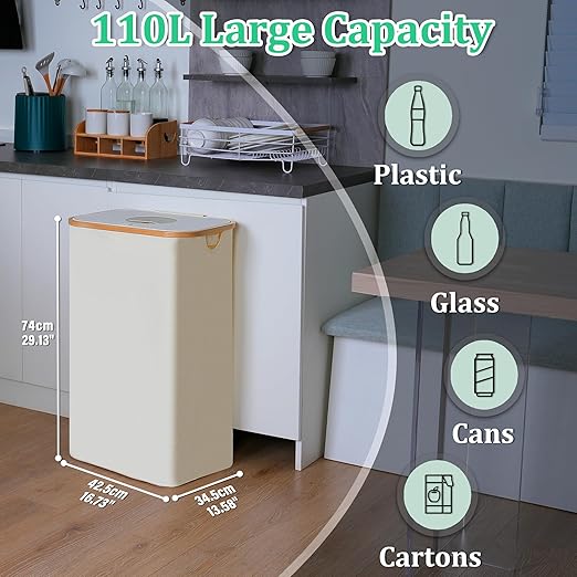 29 Gallons Recycling Bins for Kitchen, Indoor Recycle Bins with Lid, 110L Large Recycle bin with 2 Removeable Reusable Inner Bags, for Bottles Cans Glass Plastice Cartons(Beige)-DeskLoop Office